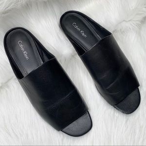 Calvin Klein Black Leather Peep Toe Slide Sandals